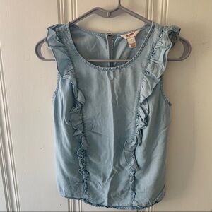 Arizona Baby Blue Chambray Denim Ruffle Sleeveless Blouse 100% Lyocell Xsmall